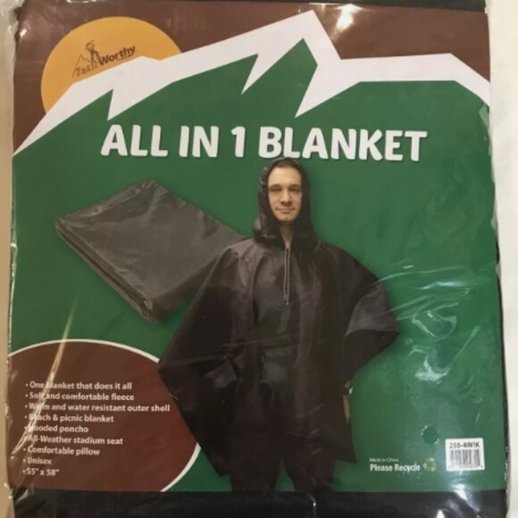 Trail Worthy All In 1 Blanket Soft Fleece Hooded Pillow Black Unisex 55” x 58” - Picture 1 of 6